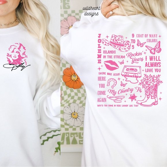 Tops - Dolly Parton Sweatshirt, Front & Back Print, Unisex Crew Neck Dolly Sweatshirt